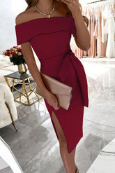 Jamila – Schulterfreies Party-Midikleid mit Schlitz am Oberschenkel